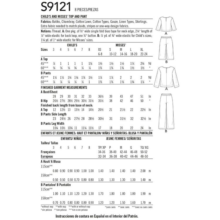 Simplicity Sewing Pattern S9121 Children's & Misses' Top and Pants White XS - XL