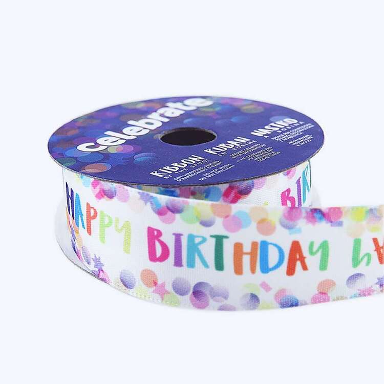 Celebrate Happy Birthday Confetti Satin Ribbon Multicoloured 25 mm x 2 m