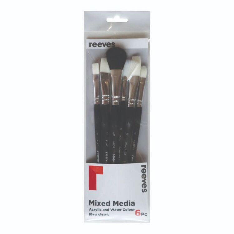 Reeves 6 Pack Acrylic & Watercolour Mixed Media Brush Set Multicoloured