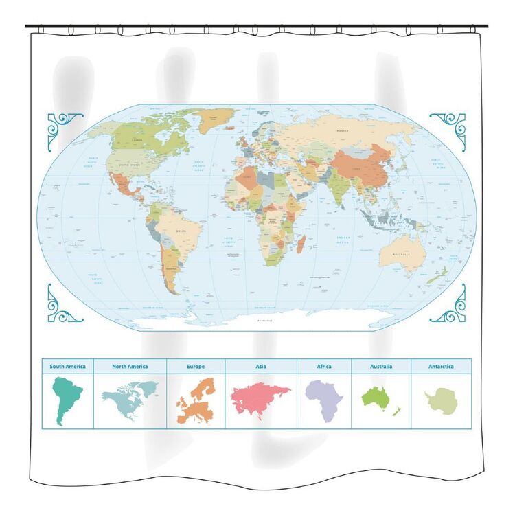 Bath By Ladelle World Map Printed Shower Curtain