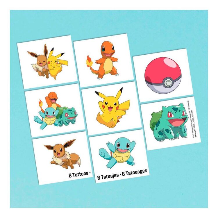 Pokemon Tattoo Favours 8 Pack Blue, Red & Yellow