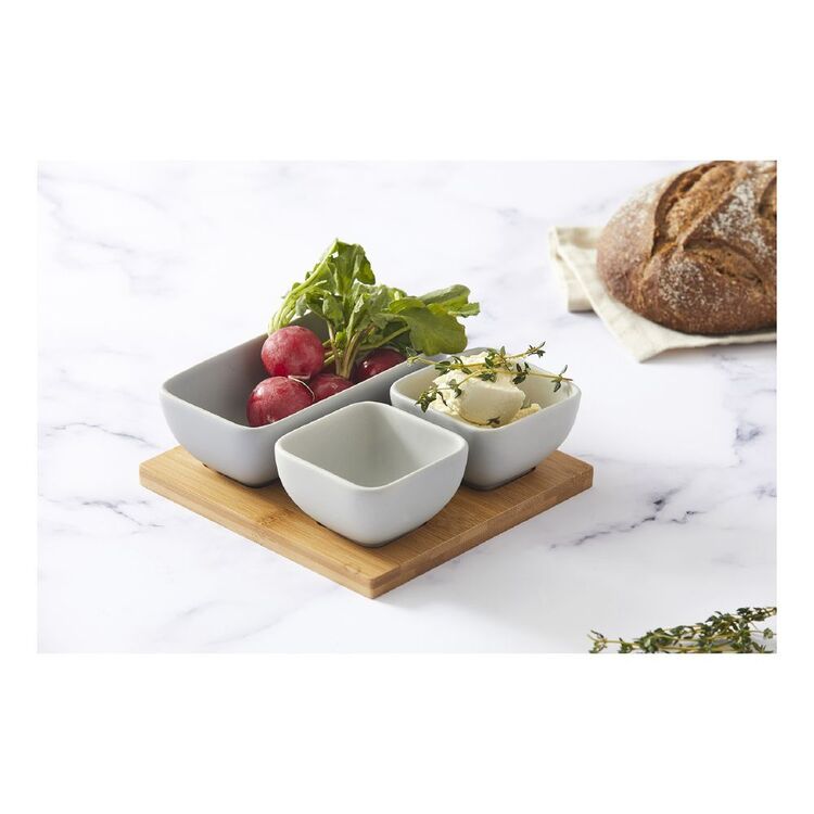 Taste Lindrum Square Bowls With Wooden Tray Grey & Natural