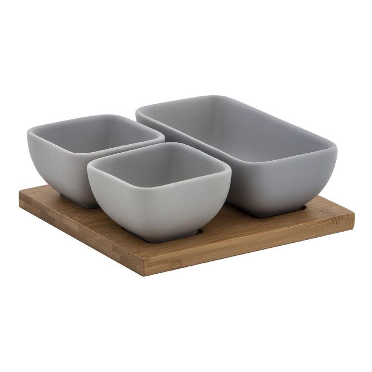 Taste Lindrum Square Bowls With Wooden Tray Grey & Natural