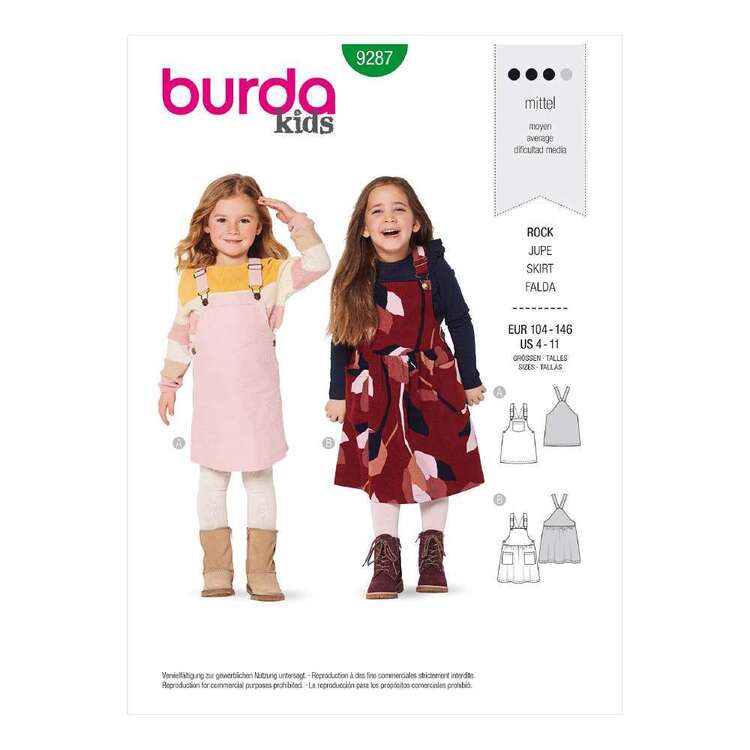 Burda 9287 Children's Pinafore Bibbed Skirts 104 - 146