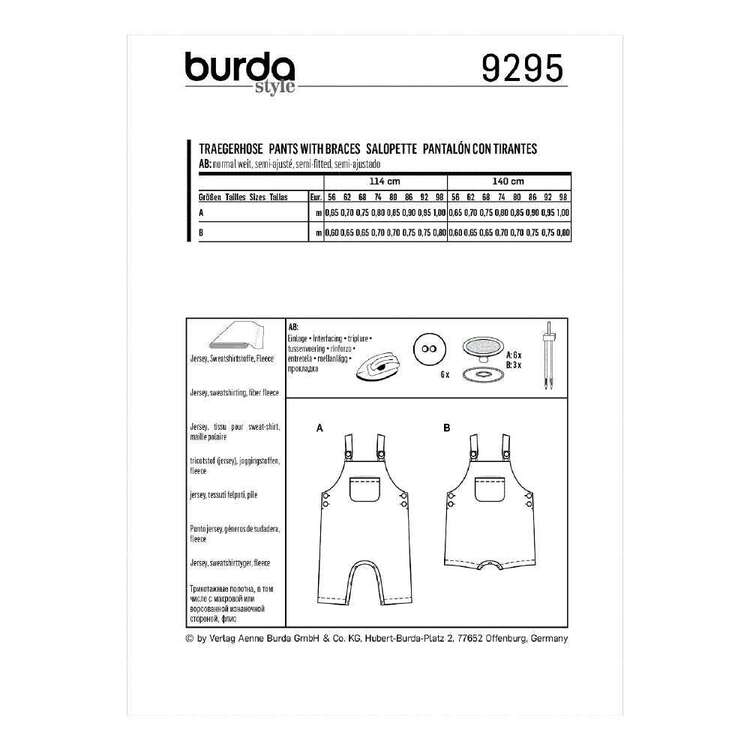 Burda 9295 Babies' Bibbed Trousers or Pants - Overalls With Straps 56-98