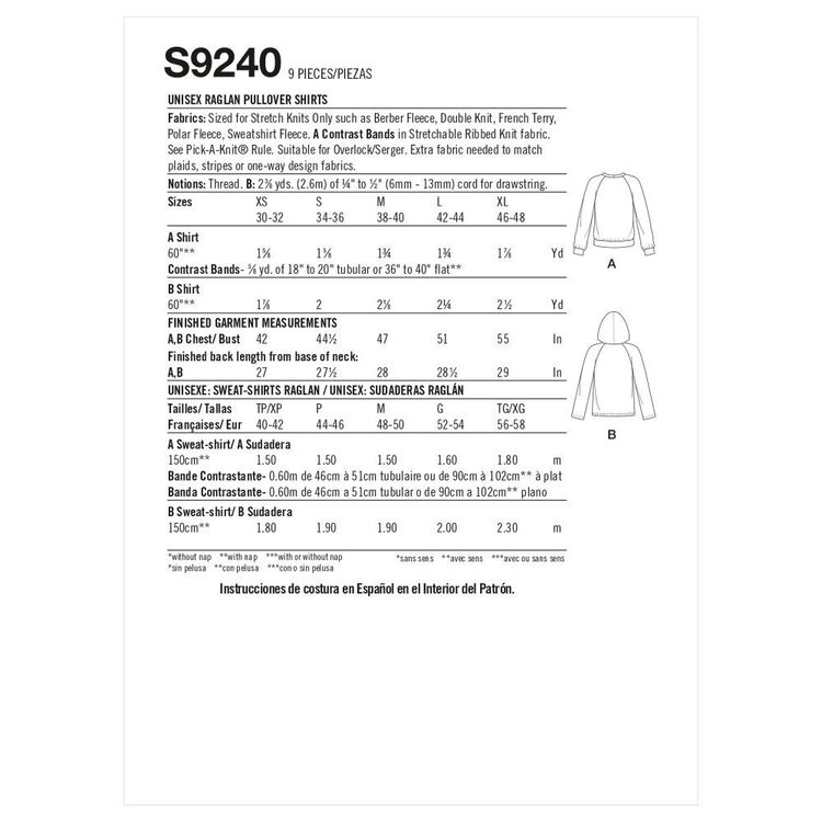 Simplicity Sewing Pattern S9240 Unisex Raglan Pullover Shirts A (XS - S - M - L - XL)