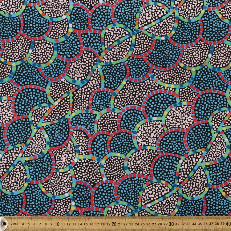 Warlu Native Seed Dreaming Abstract 150 cm Printed Decorator Fabric Teal & Multicoloured 150 cm