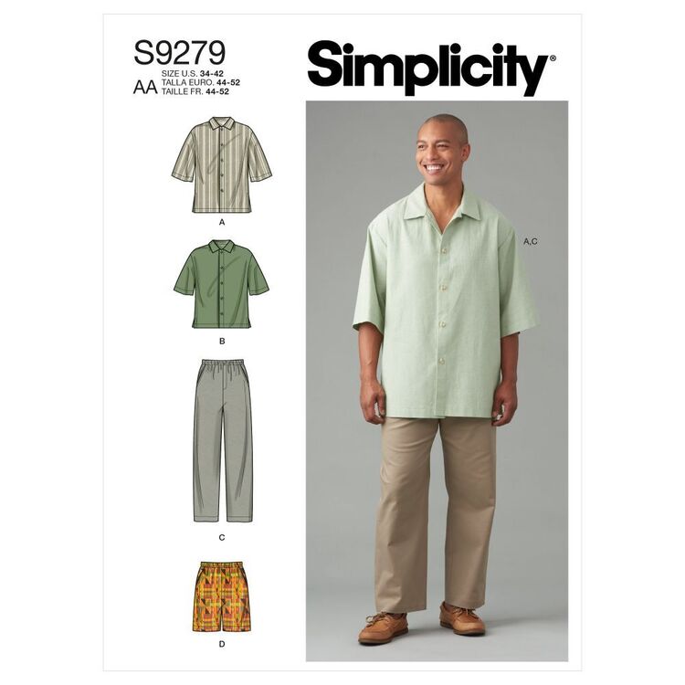 Simplicity Sewing Pattern S9279 Men's Shirt In Two Lengths, Pants & Shorts