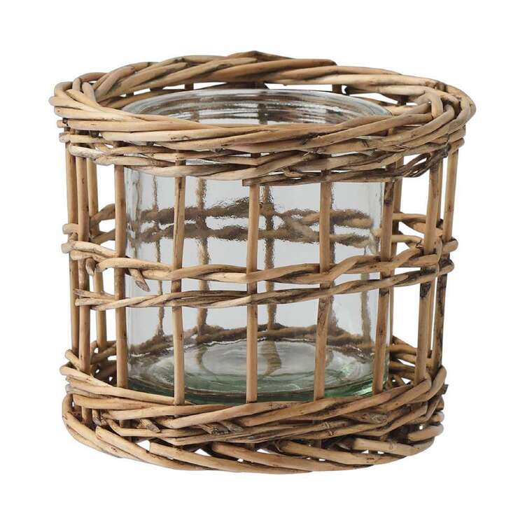 Living Space Rattan & Glass Candle Holder Natural 12 x 10.5 cm