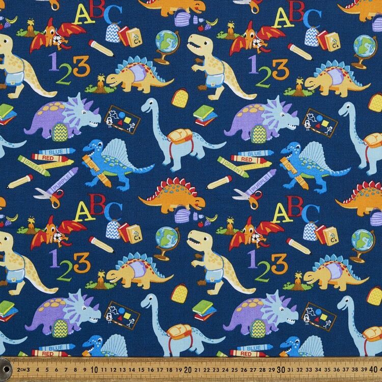 Dinosaur School Printed 112 cm Cotton Fabric Navy 112 cm