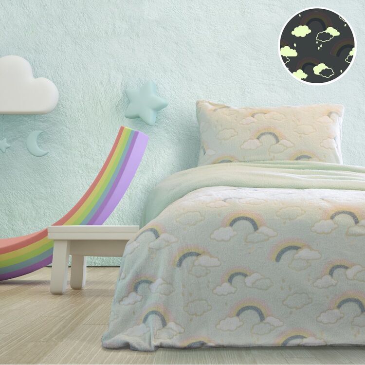 Kids House Janie Rainbow Teddy Glow In The Dark Quilt Cover Set Grey Single