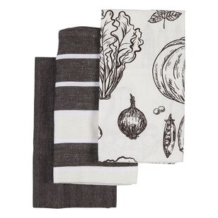 Kitchen By Ladelle Veggie Stack Tea Towels 3 Pack Charcoal 60 x 80 cm
