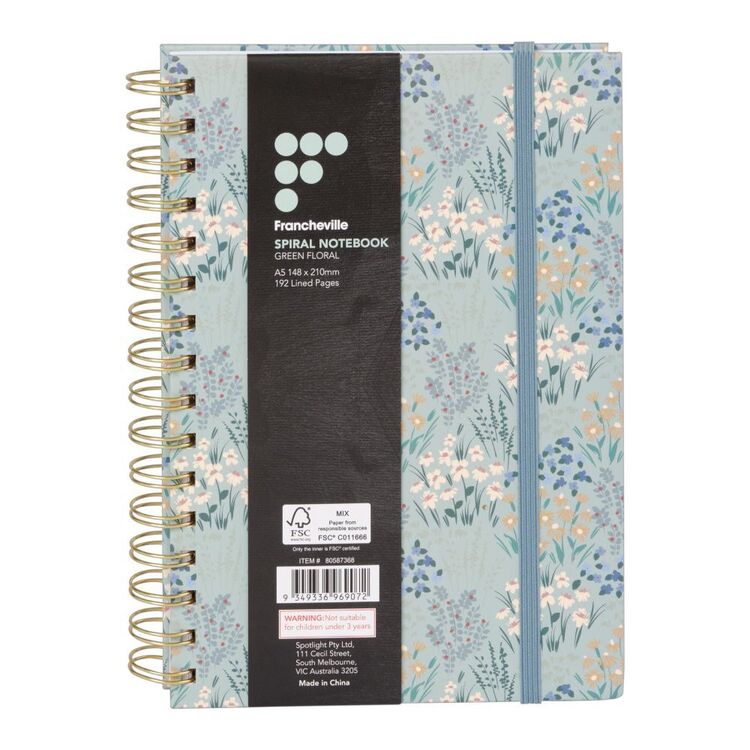 Francheville A5 Spiral Lined Notebook Green Floral A5