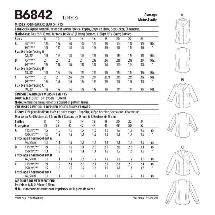 Butterick B6842 Misses' Fold-Back Collar Shirts