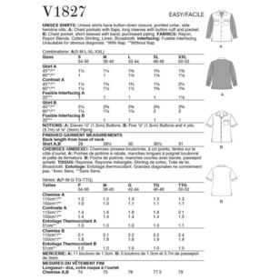 Vogue V1827 Unisex Shirts Small - XX Large