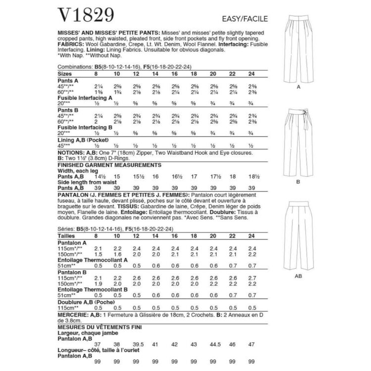 Vogue V1829 Misses' and Misses' Petite Pants