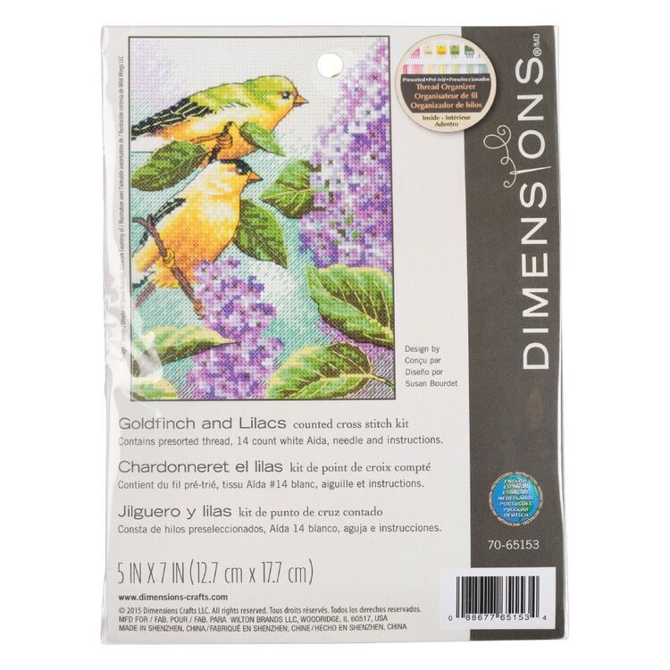 Dimensions Goldfinch and Lilacs Cross Stitch Kit Multicoloured 13 x 18 cm