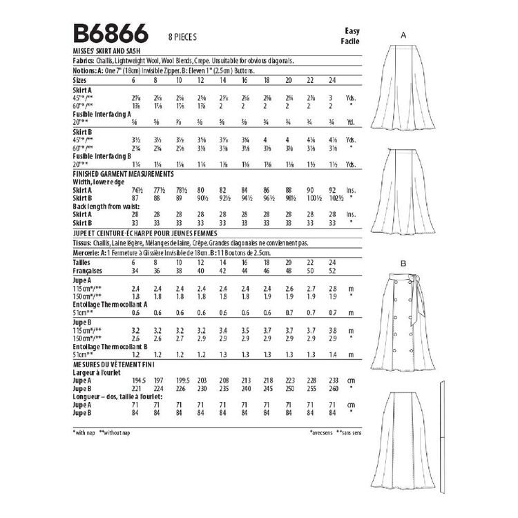 Butterick Sewing Pattern B6866 Misses' Skirt and Sash