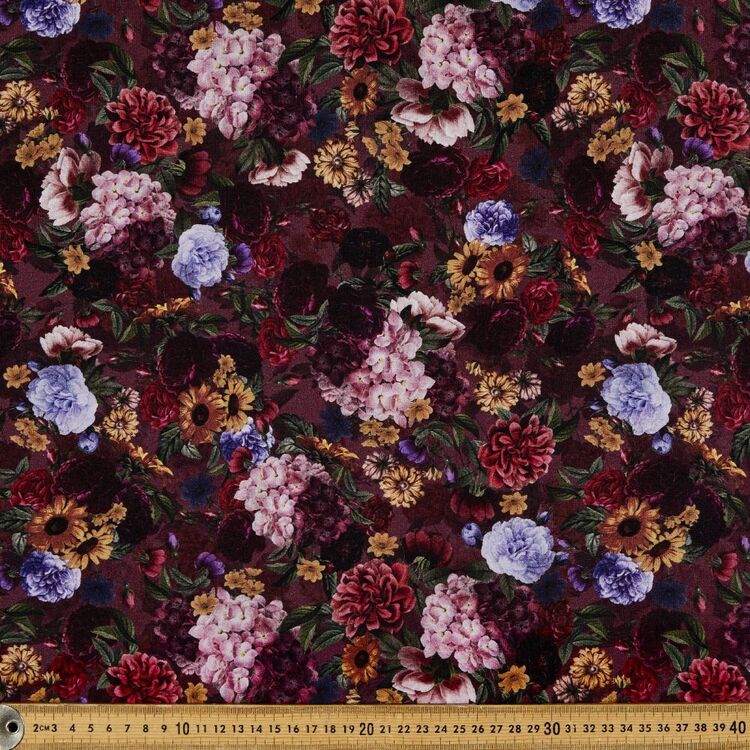 Vintage Floral Printed 148 cm Rayon Elastane Jersey Fabric Wine & Multicoloured 148 cm