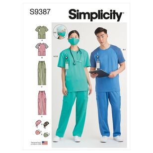 Simplicity Sewing Pattern S9387 Unisex Knit Scrub Tops, Pants, Cap & Mask X Small - XX Large