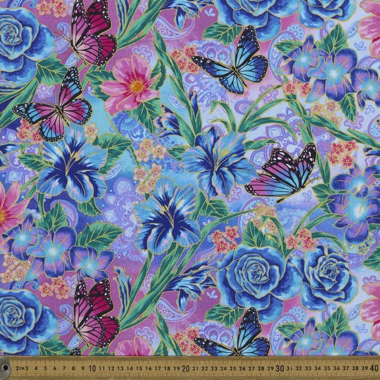 Sunrise Garden Flowers & Butterflies Printed 112 cm Cotton Fabric Blue 112 cm