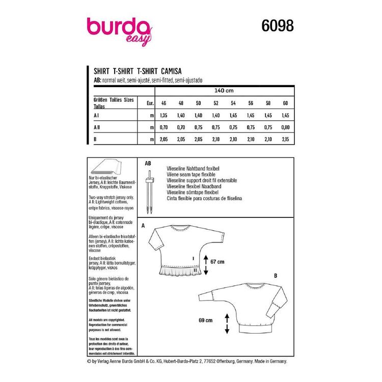 Burda Easy Sewing Pattern 6098 Misses' Top with Kimono Sleeves 20 - 34 (46 - 60)
