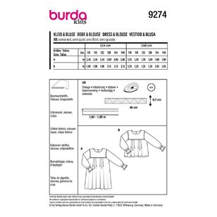 Burda Kids Sewing Pattern 9274 Children's Dress, Blouse with Yoke - Loose Drape 5 - 10 (110 - 140)