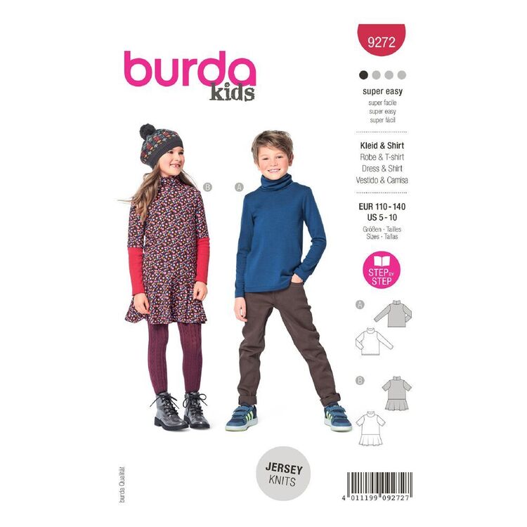 Burda Kids Sewing Pattern 9272 Children's Top, Dress with Roll Neck Collar 5 - 10 (110 - 140)