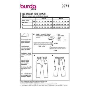 Burda Kids Sewing Pattern 9271 Children's Slip-on Trousers & Pants with Elastic & Patch Pockets 5 - 10 (110 - 140)