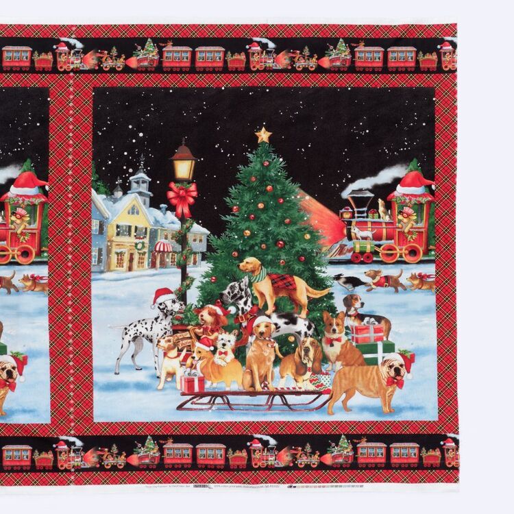 Christmas Snow Dog Express #1 Printed Cotton Fabric Panel