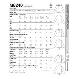 McCall's Sewing Pattern M8240 Misses' Tops X Small - XX Large