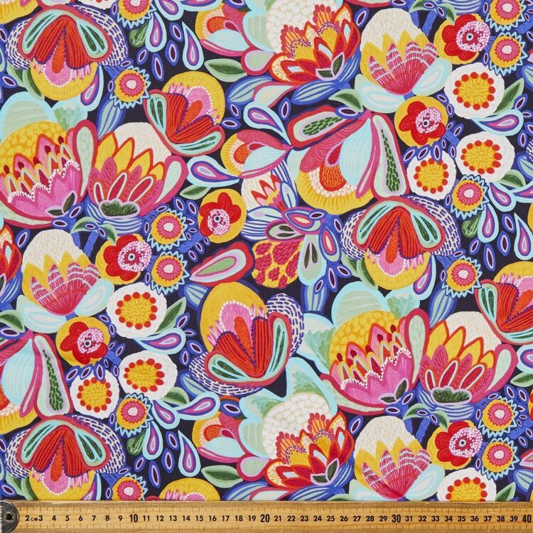 Kirsten Katz Carni Blooms 150 cm Printed Cotton Canvas Navy & Multicoloured 150 cm