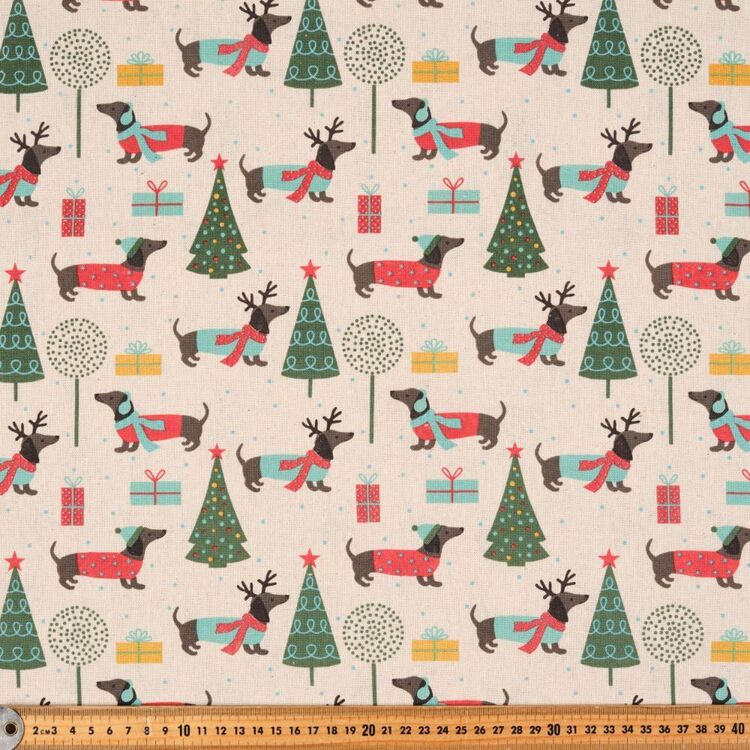 Christmas Dog & Tree Printed 112 cm Osnaburg Cotton Fabric