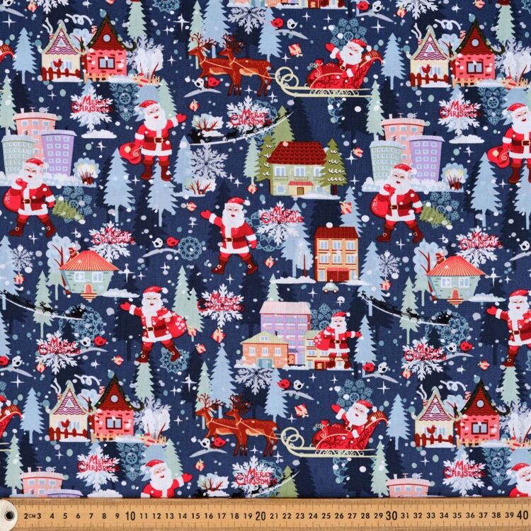 Traditional Christmas Santas Coming to Town Printed 112 cm Cotton Fabric