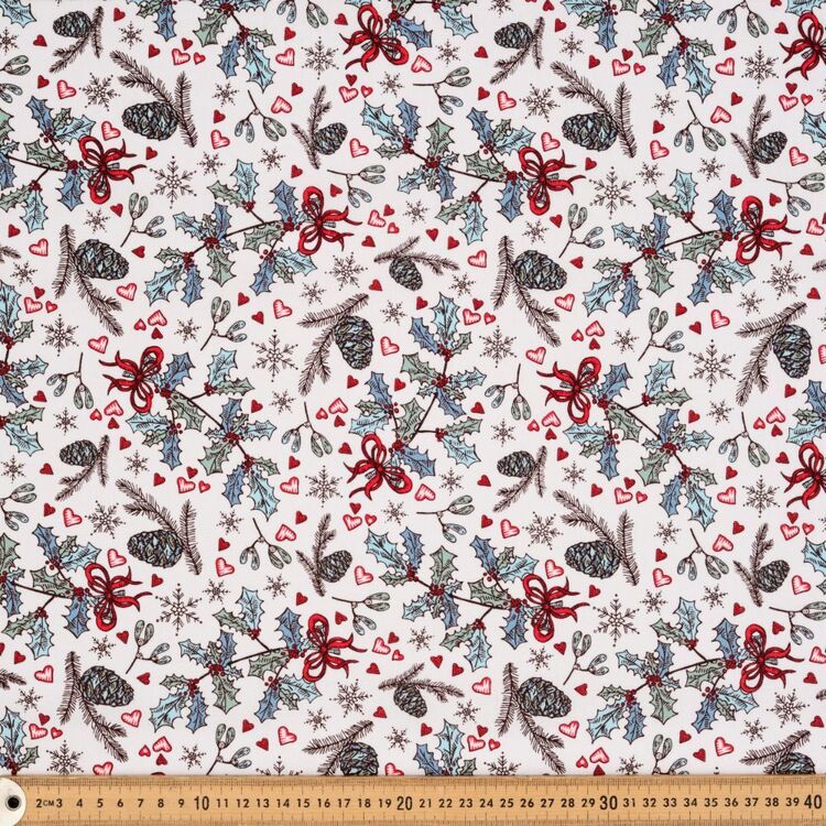 Vintage Christmas Holly Sketch Printed 112 cm Cotton Fabric