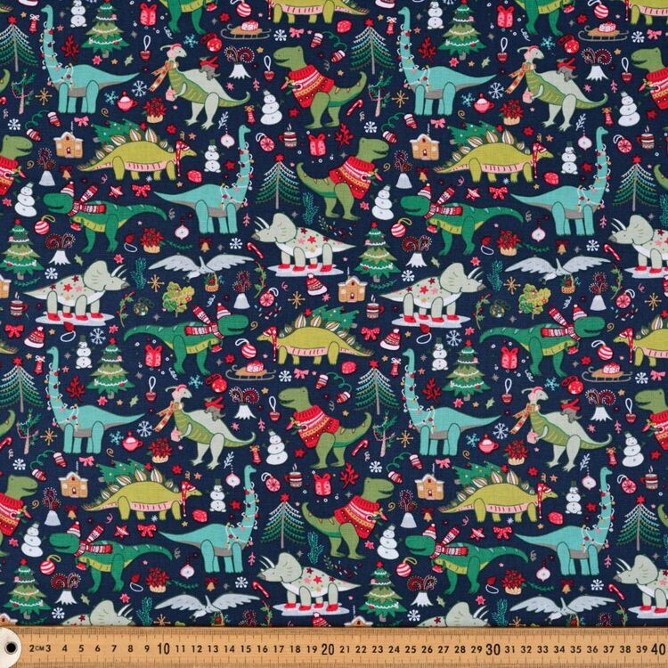 Festive Fun Dinosaur Christmas Party Printed 112 cm Cotton Fabric