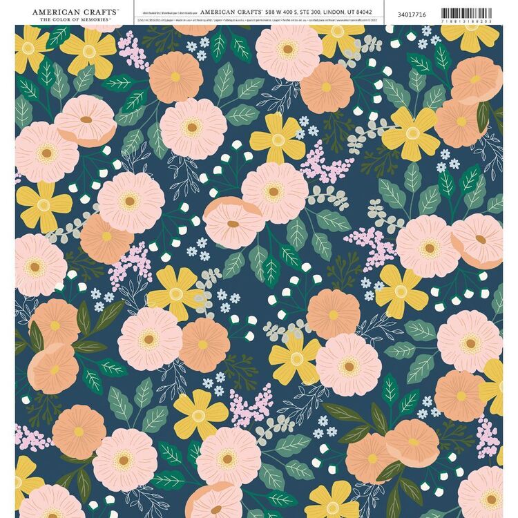 American Crafts Navy & Peach Floral Cardstock