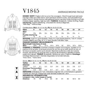 Vogue Sewing Pattern V1845 Misses' Shirt