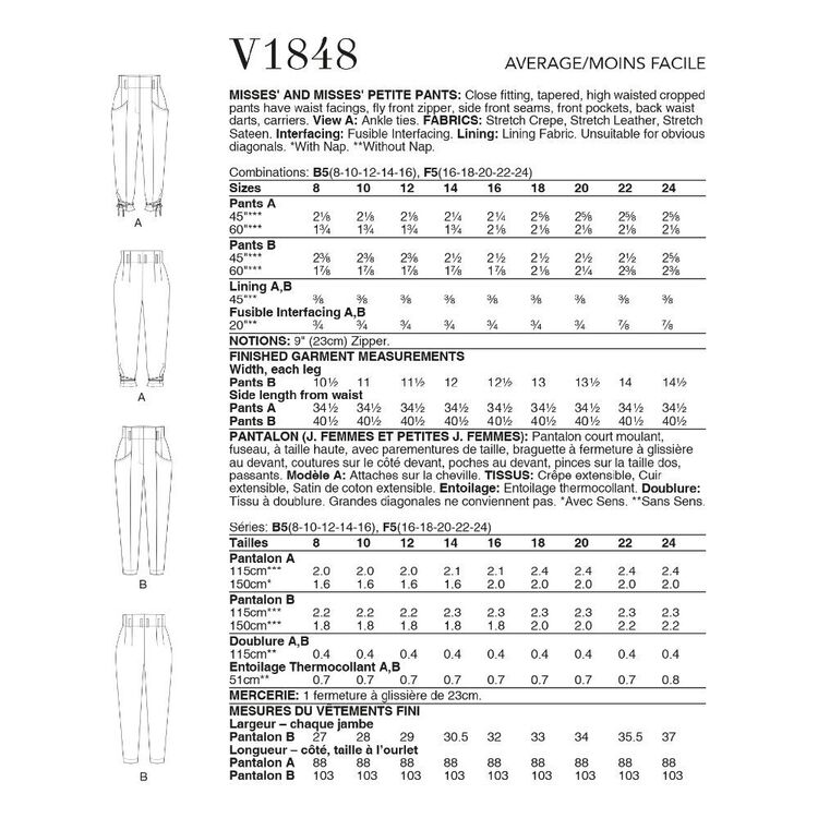 Vogue Sewing Pattern V1848 Misses' Pants 8 - 16
