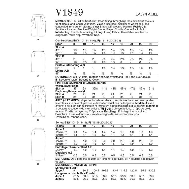 Vogue Sewing Pattern V1849 Misses' Skirt