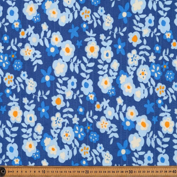 On The Farm Blue Flower Printed 142 cm Seersucker Crepe Fabric