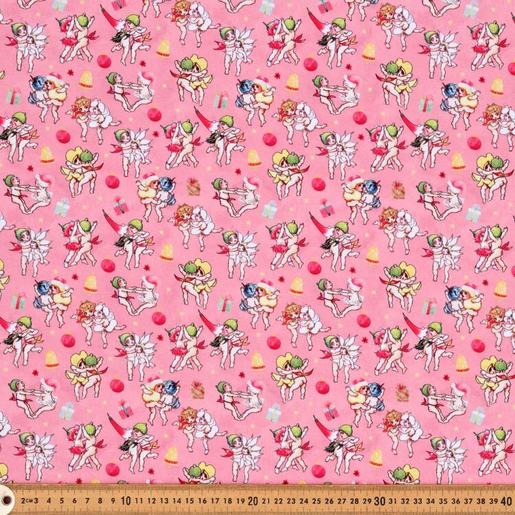 May Gibbs Christmas Dancing Gumnuts Printed 112 cm Homespun Cotton Fabric Pink 112 cm