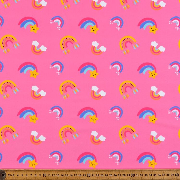 Star & Rainbows Hot Pink Printed 148 cm Sport & Swim Knit Fabric