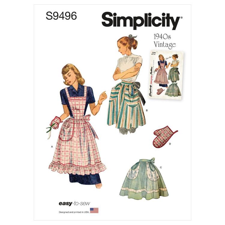 Simplicity Sewing Pattern S9496 1940s Vintage Misses' Apron