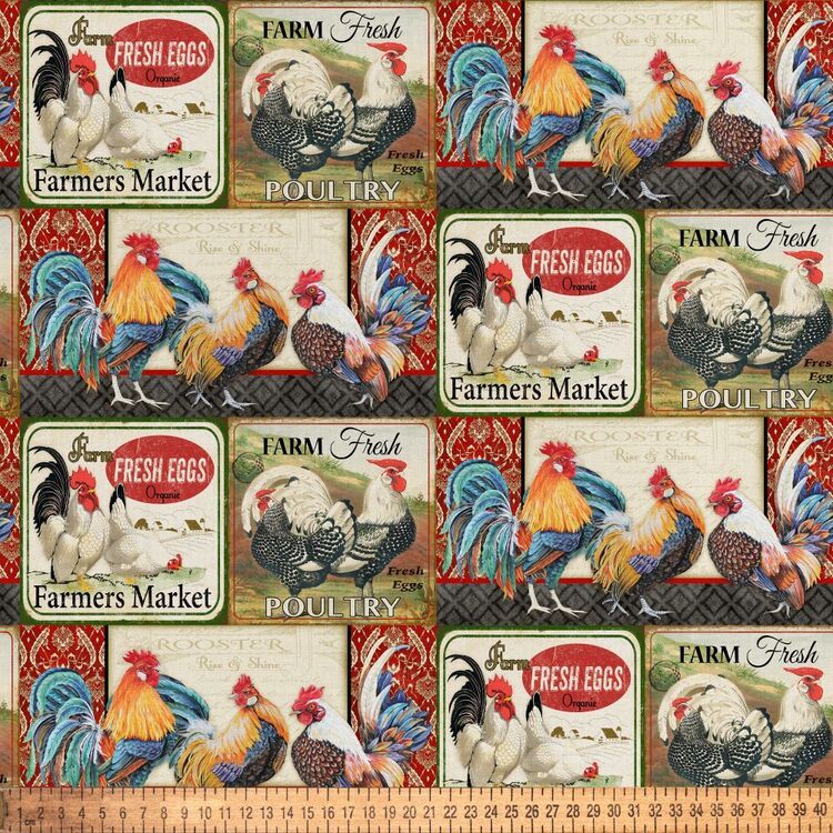 Rise & Shine Chickens & Roosters Printed 112 cm Cotton Fabric Multicoloured 112 cm