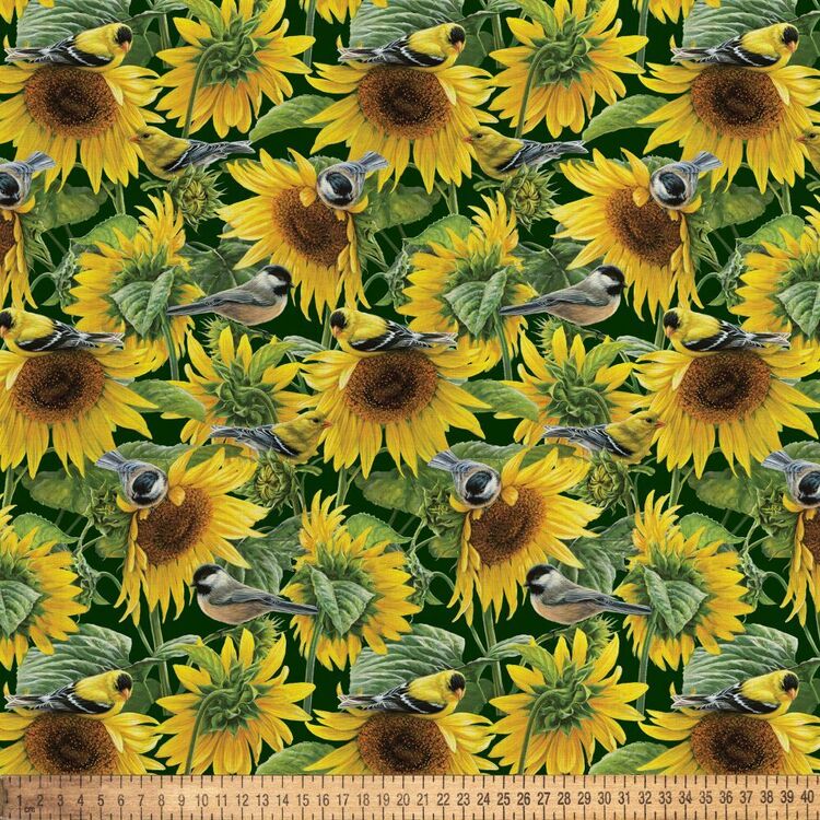Sunflowers & Birds Printed 112 cm Cotton Fabric Multicoloured 112 cm