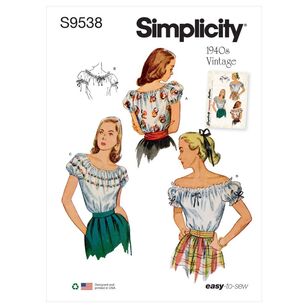 Simplicity Sewing Pattern S9538 Vintage 1940s Misses' Blouses