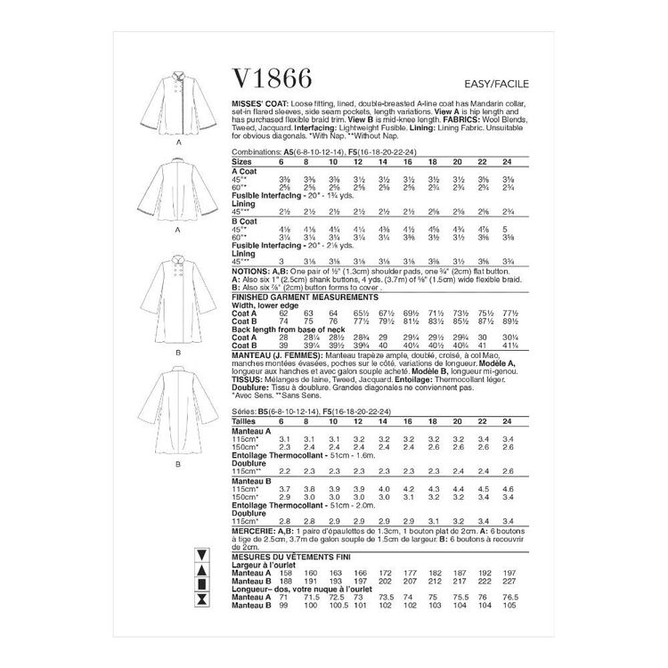 Vogue Sewing Pattern V1866 Misses' Coat