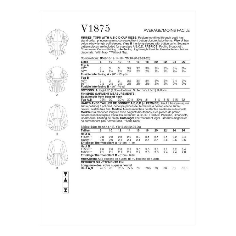 Vogue Sewing Pattern V1875 Misses' Tops