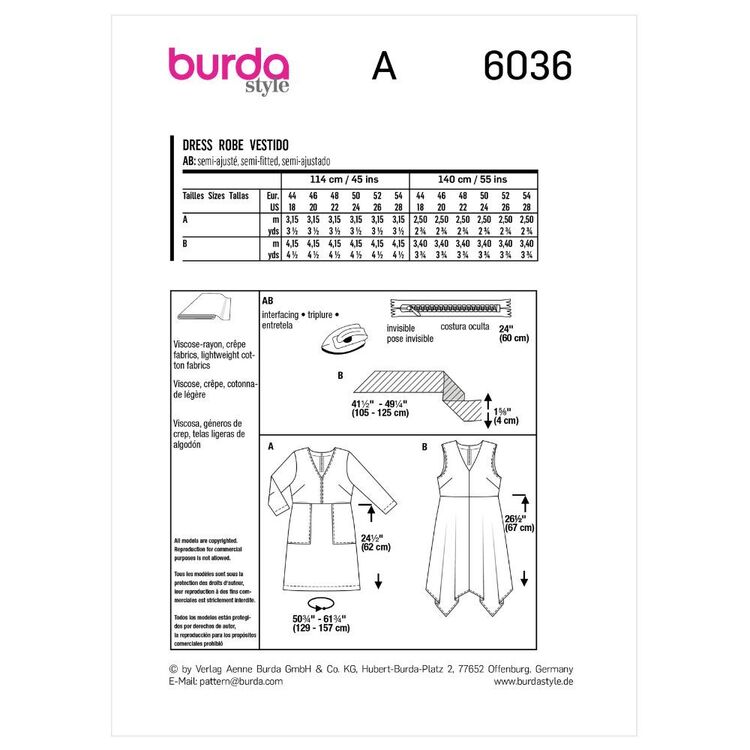 Burda Style Sewing Pattern B6036 Misses' Dress 18 - 28 (44 - 54)
